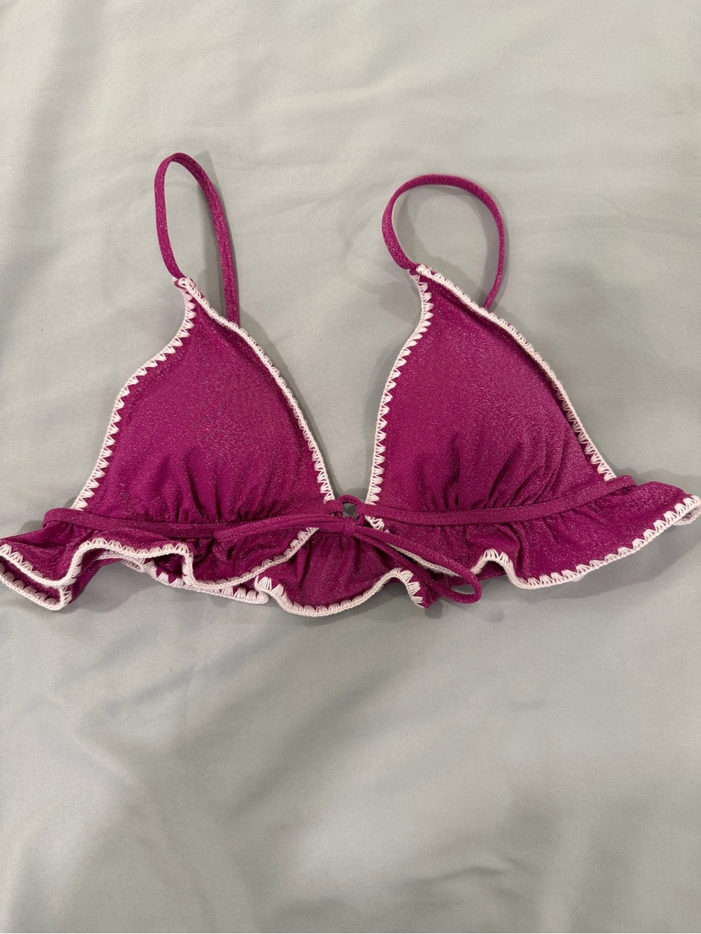 Magenta Ruffle Triangle Bikini Top with White Trim